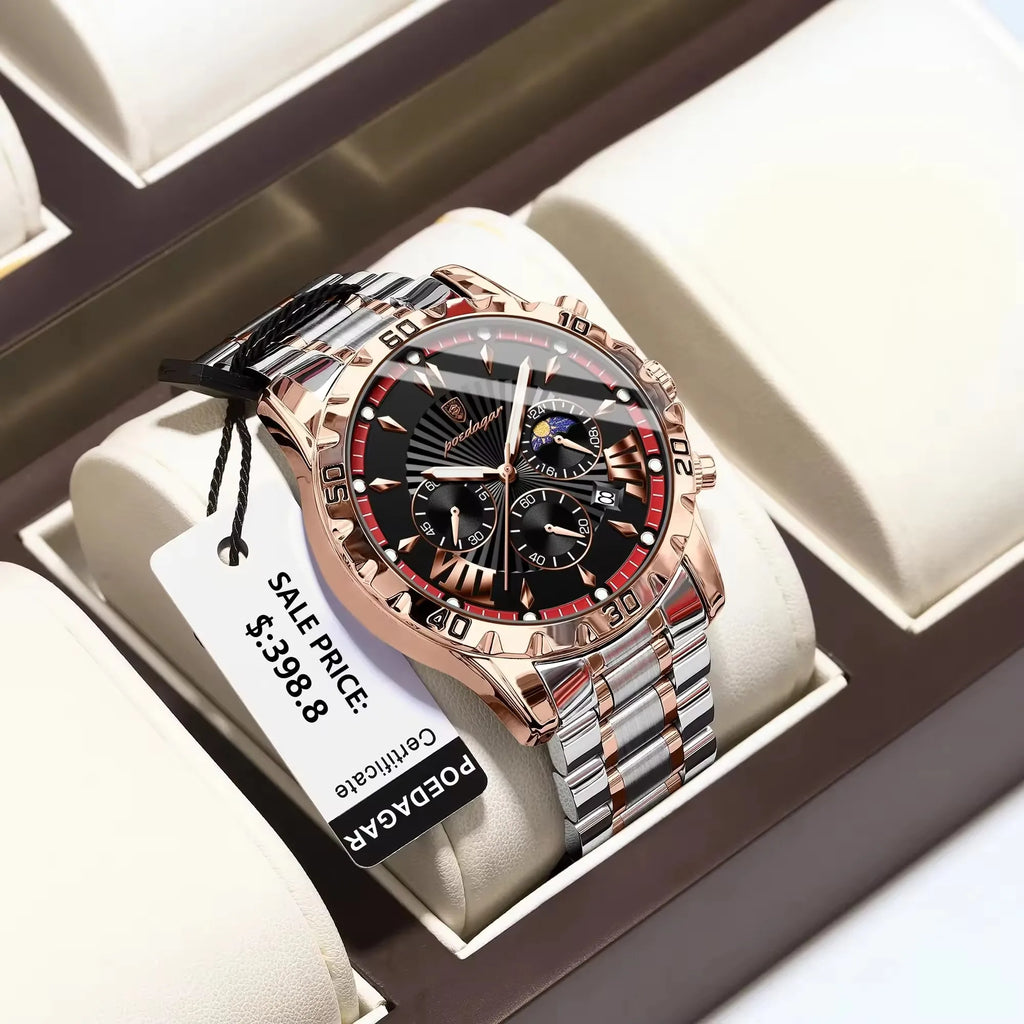 POEDAGAR 968 Quartz Watches Waterproof Luminous Hands Chronograph Stainless Steel Calendar Business Wristwatches for Men Relojes
