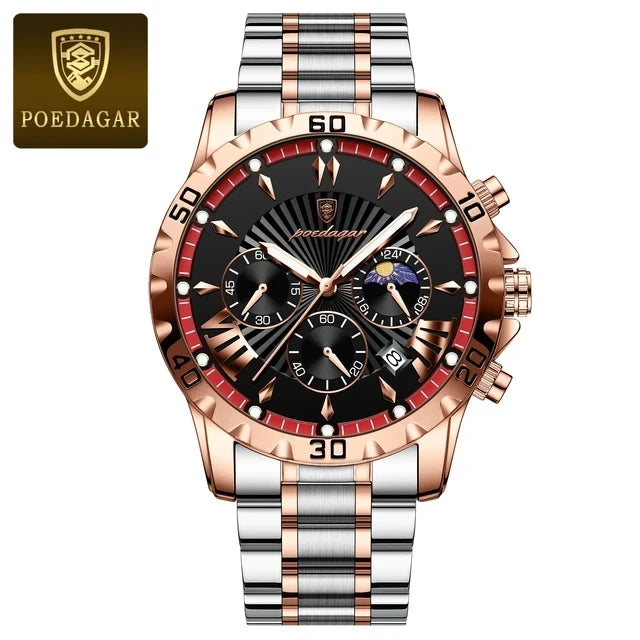 POEDAGAR 968 Quartz Watches Waterproof Luminous Hands Chronograph Stainless Steel Calendar Business Wristwatches for Men Relojes