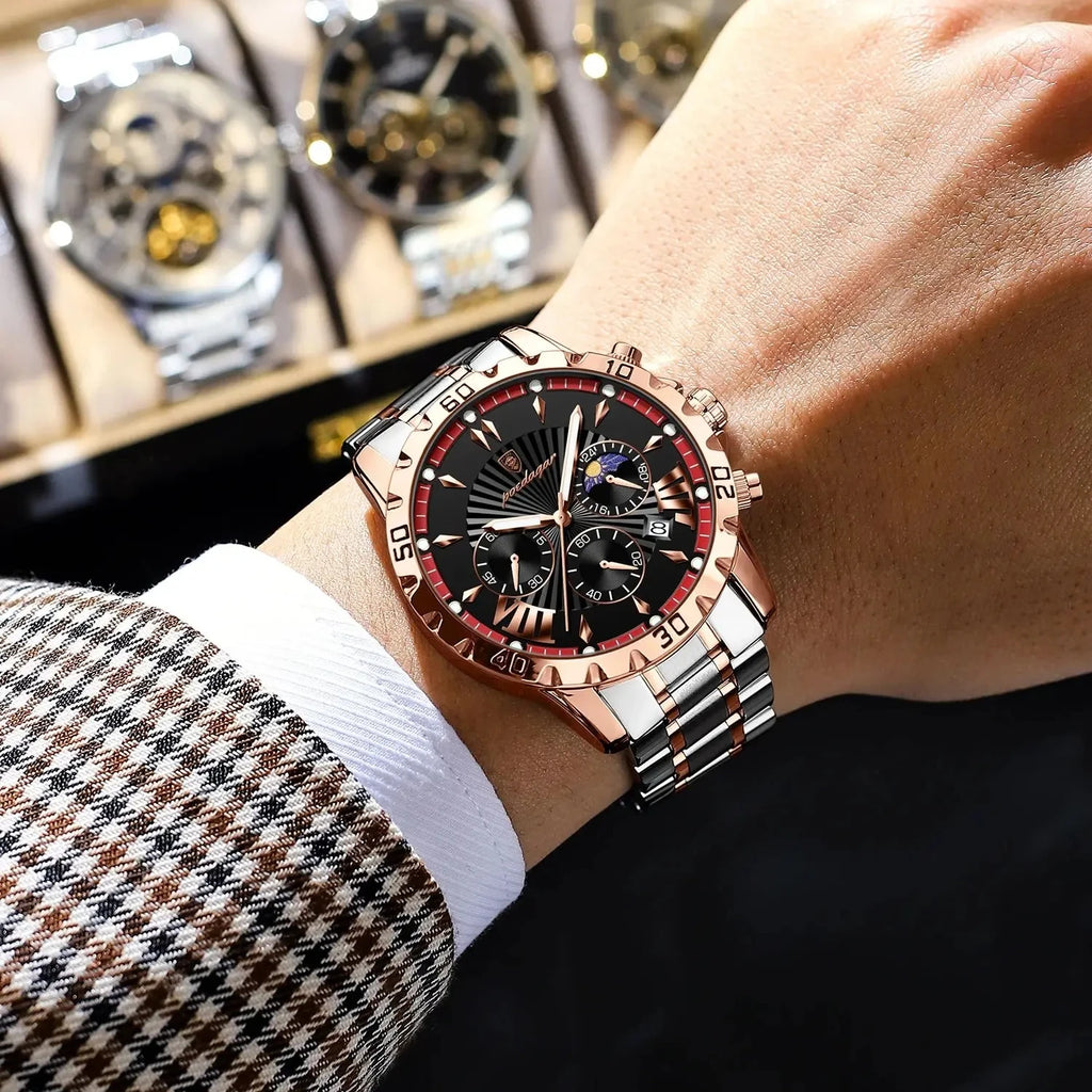 POEDAGAR 968 Quartz Watches Waterproof Luminous Hands Chronograph Stainless Steel Calendar Business Wristwatches for Men Relojes