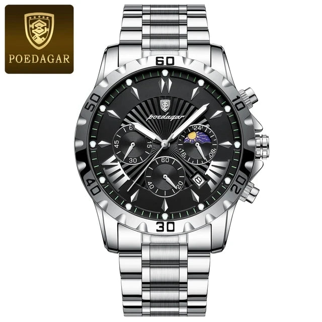 POEDAGAR 968 Quartz Watches Waterproof Luminous Hands Chronograph Stainless Steel Calendar Business Wristwatches for Men Relojes
