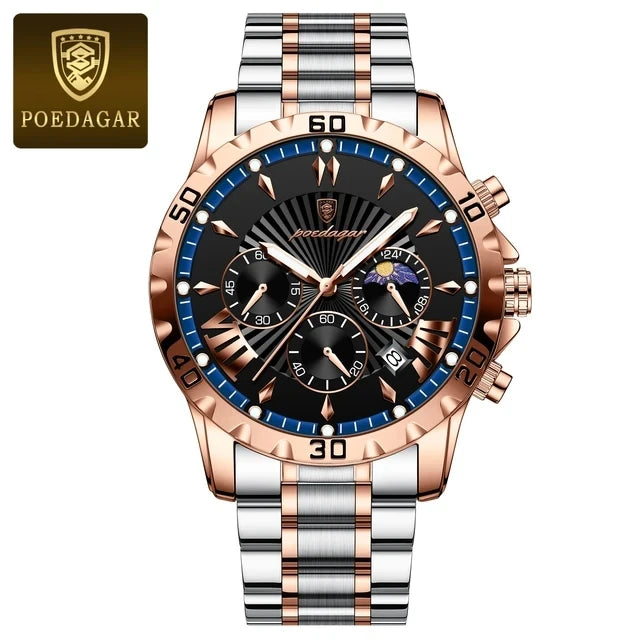 POEDAGAR 968 Quartz Watches Waterproof Luminous Hands Chronograph Stainless Steel Calendar Business Wristwatches for Men Relojes