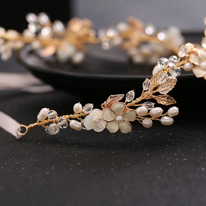 SLBRIDAL Handmade Crystals Freshwater Pearls Flower Leaf Bridal Headband Hair Vine Bridal Hair accessories Women Girls Jewelry