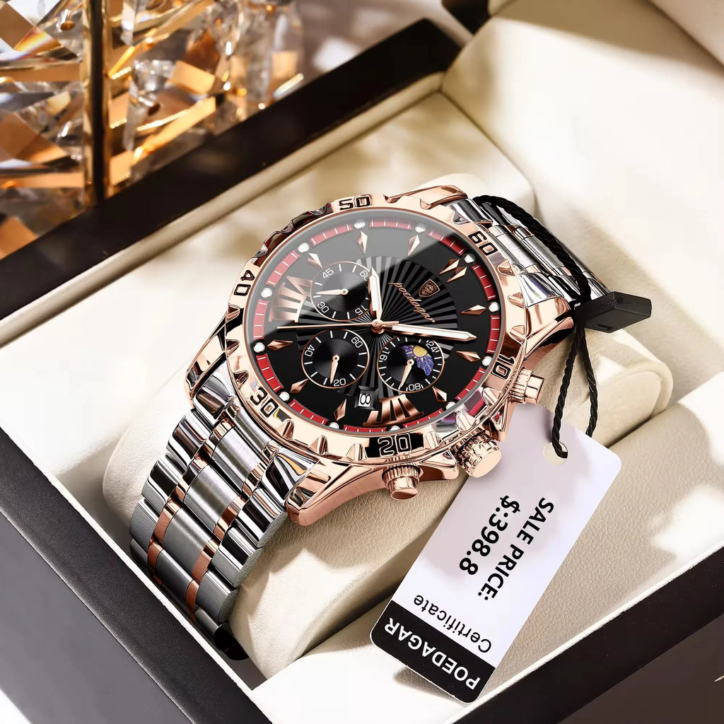 POEDAGAR 968 Quartz Watches Waterproof Luminous Hands Chronograph Stainless Steel Calendar Business Wristwatches for Men Relojes