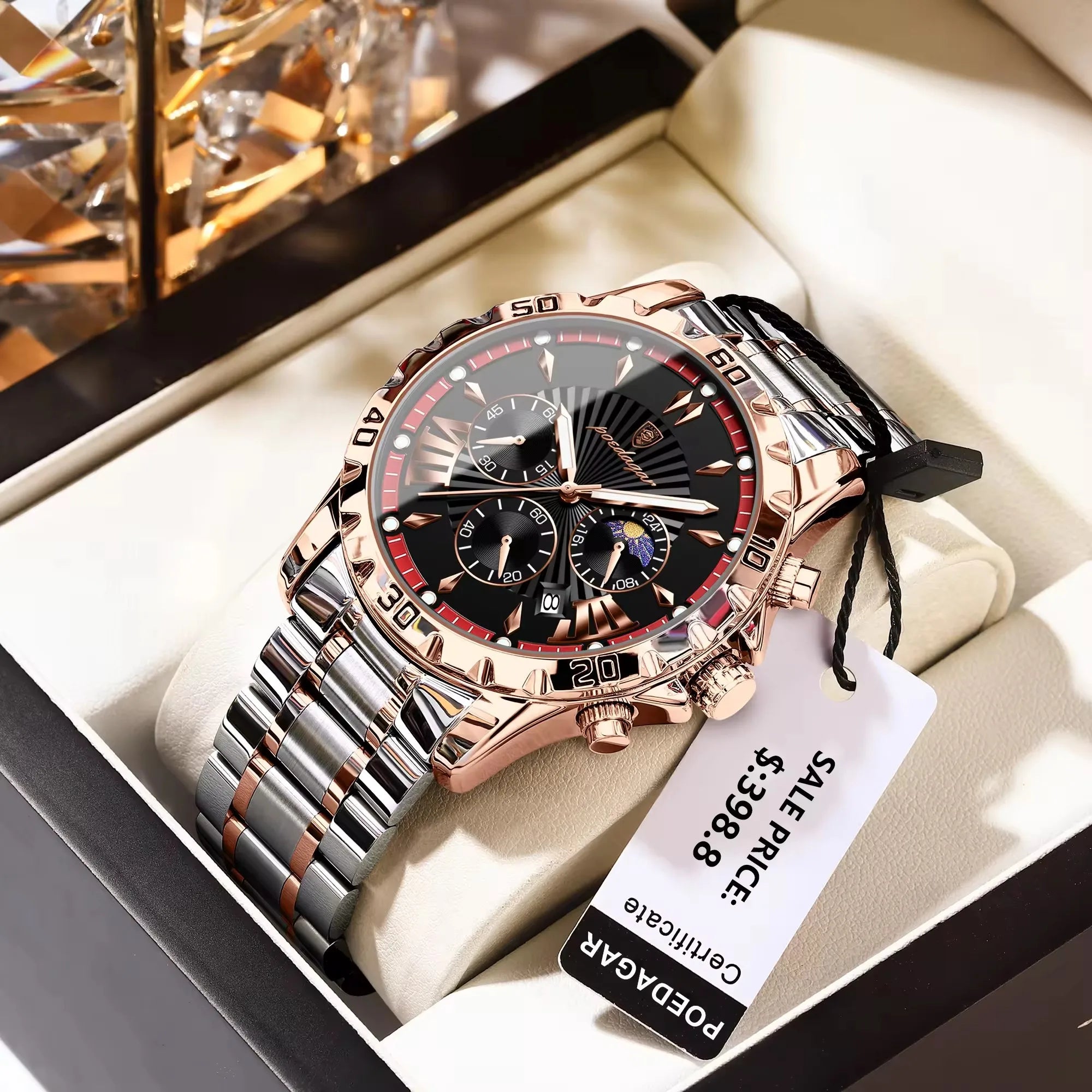 POEDAGAR 968 Quartz Watches Waterproof Luminous Hands Chronograph Stainless Steel Calendar Business Wristwatches for Men Relojes
