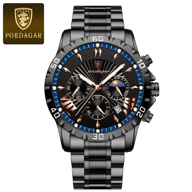 POEDAGAR 968 Quartz Watches Waterproof Luminous Hands Chronograph Stainless Steel Calendar Business Wristwatches for Men Relojes