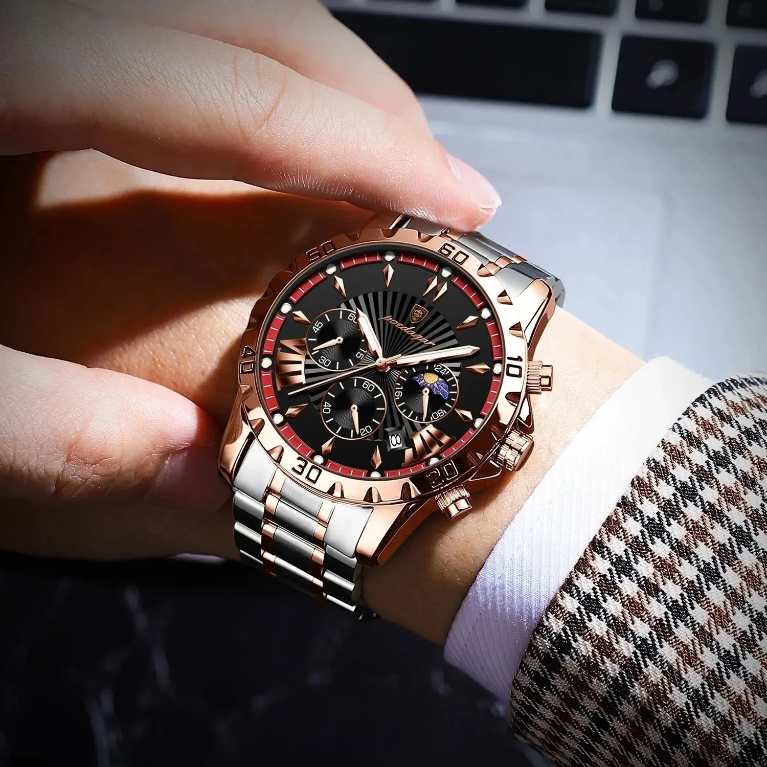 POEDAGAR 968 Quartz Watches Waterproof Luminous Hands Chronograph Stainless Steel Calendar Business Wristwatches for Men Relojes