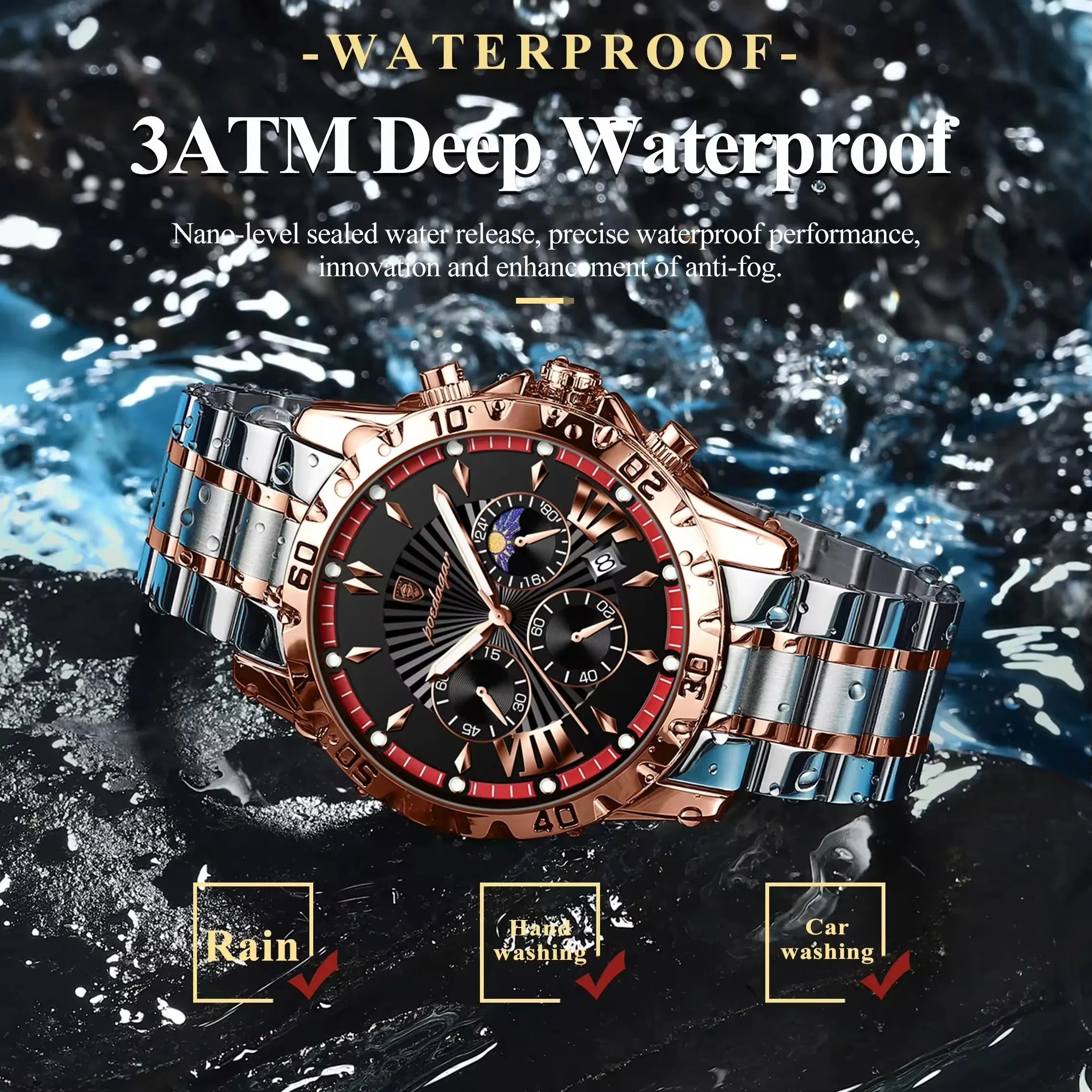POEDAGAR 968 Quartz Watches Waterproof Luminous Hands Chronograph Stainless Steel Calendar Business Wristwatches for Men Relojes