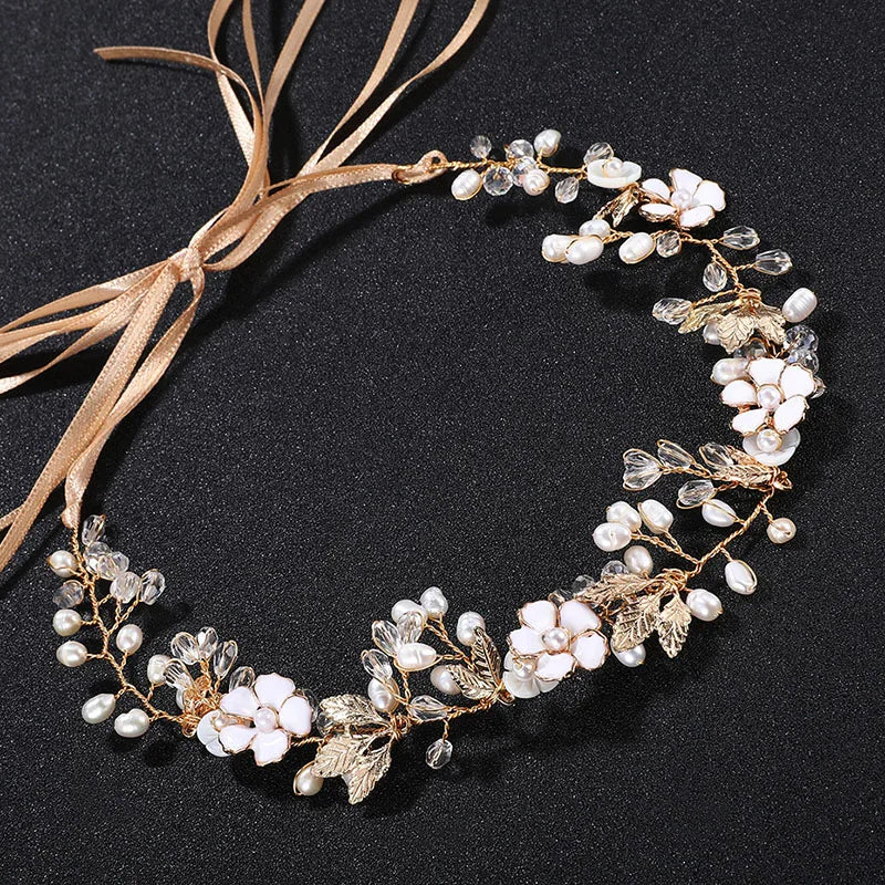 SLBRIDAL Handmade Crystals Freshwater Pearls Flower Leaf Bridal Headband Hair Vine Bridal Hair accessories Women Girls Jewelry