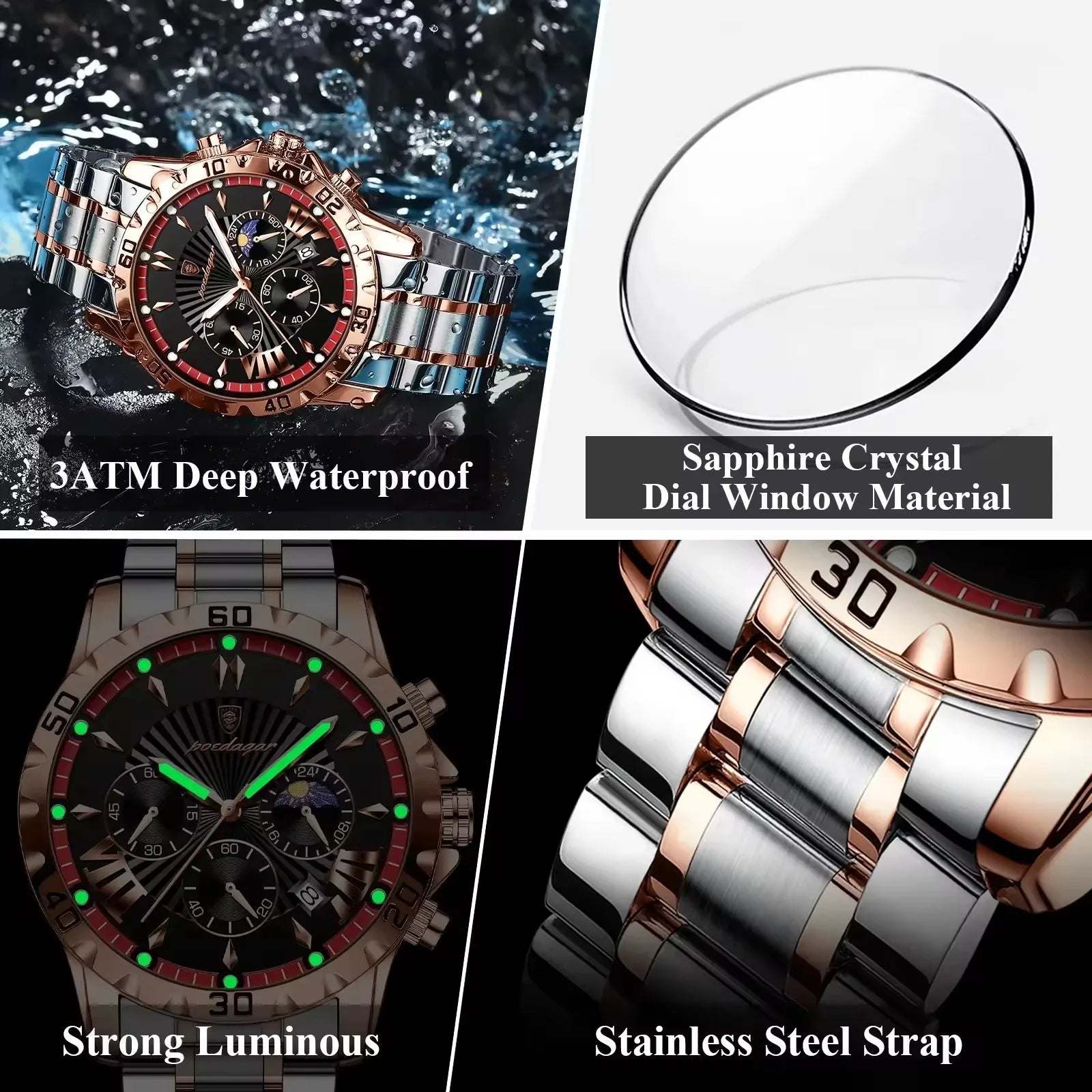POEDAGAR 968 Quartz Watches Waterproof Luminous Hands Chronograph Stainless Steel Calendar Business Wristwatches for Men Relojes