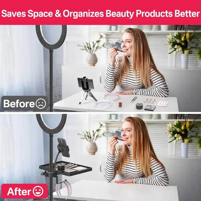 Adjustable Lash Tray Holder for Ring Light – Clip-On Organizer Stand with Phone Holder for Eyelash Extension Beauty Accessories