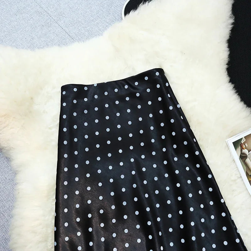 Seoulish Vintage Polka Dot Satin Mermaid Skirts for Women 2026 New Spring Summer High Waist Casual Mid Length Women's Skirts