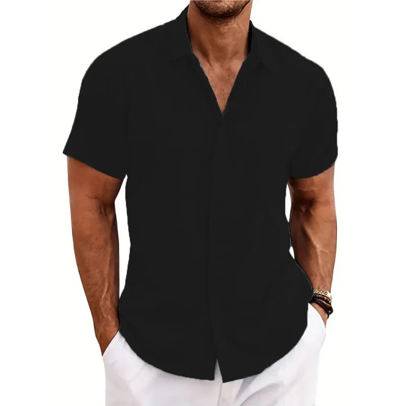 Mens Golf Shirts for Men Summer Beach Loose Shirt Button Down Short Sleeve Blouses Solid Print Casual Linen Shirts Streetwear