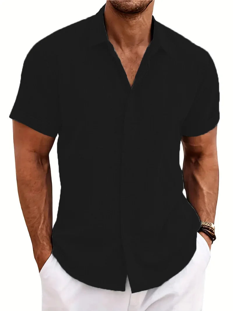 Mens Golf Shirts for Men Summer Beach Loose Shirt Button Down Short Sleeve Blouses Solid Print Casual Linen Shirts Streetwear
