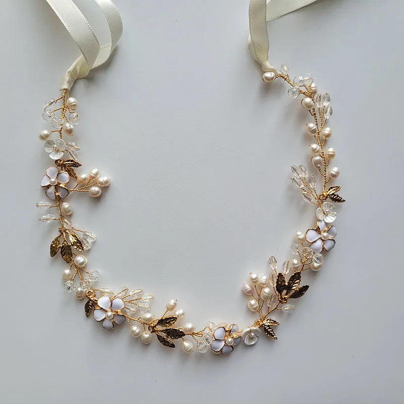 SLBRIDAL Handmade Crystals Freshwater Pearls Flower Leaf Bridal Headband Hair Vine Bridal Hair accessories Women Girls Jewelry