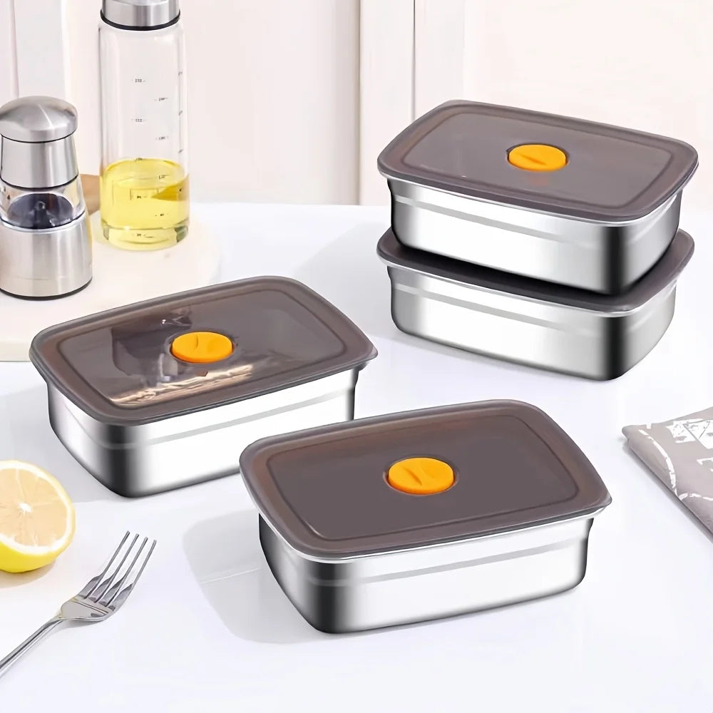 2/3PCS Black Valve Lid Stainless Steel Food Containers Reusable Stackable Leakproof Sealed Storage Boxes for Fruits Meat Vegetab
