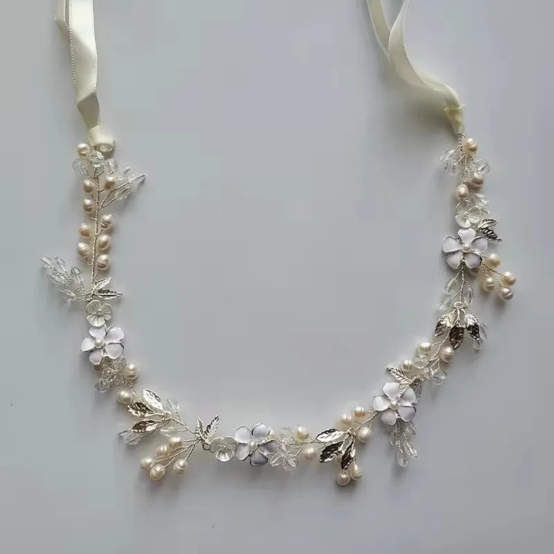 SLBRIDAL Handmade Crystals Freshwater Pearls Flower Leaf Bridal Headband Hair Vine Bridal Hair accessories Women Girls Jewelry
