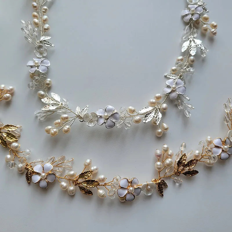 SLBRIDAL Handmade Crystals Freshwater Pearls Flower Leaf Bridal Headband Hair Vine Bridal Hair accessories Women Girls Jewelry