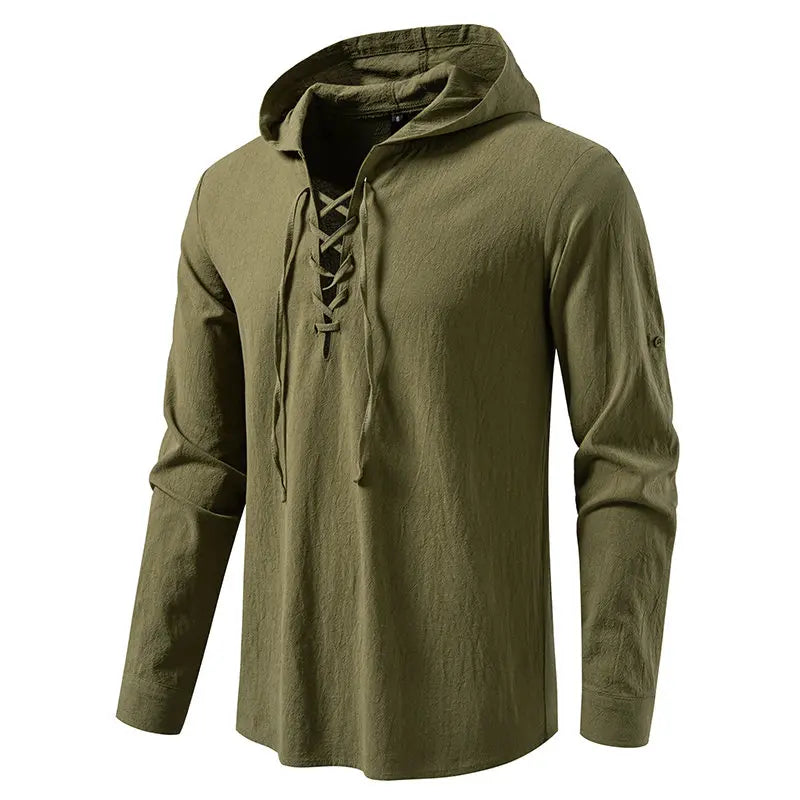 Men's Casual Streetwear Long Sleeve Hooded T-Shirt Solid Color Pullover Top Tee Shirt for Everyday Comfort Roll up Style