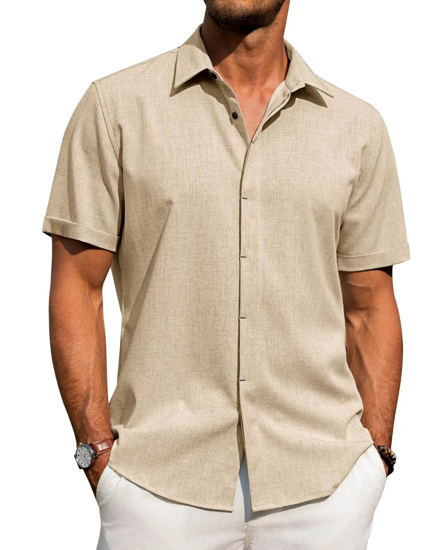 Mens Golf Shirts for Men Summer Beach Loose Shirt Button Down Short Sleeve Blouses Solid Print Casual Linen Shirts Streetwear