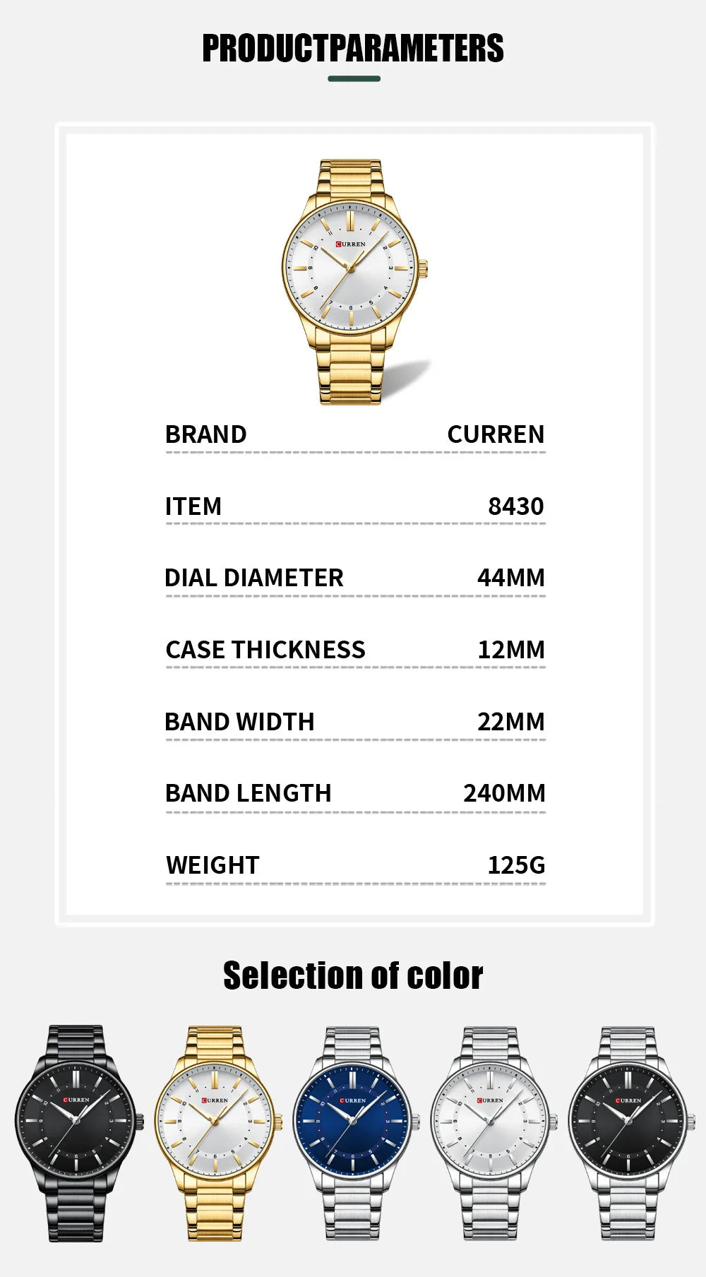 CURREN 8430 Classic Fashion Men's Quartz Watch Elegant Daily Waterproof Luminous Stainless Steel Strap Simple Casual Men's Clock