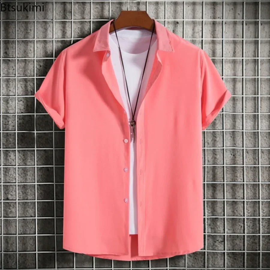 New Short Sleeve Shirts for Men Fashion Solid Casual Lapel Cardigan Tops Men Comfort Single-breasted Blouse Summer Beach Shirts