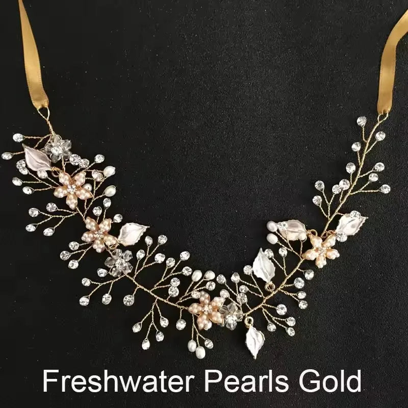 SLBRIDAL Handmade Crystals Freshwater Pearls Flower Leaf Bridal Headband Hair Vine Bridal Hair accessories Women Girls Jewelry