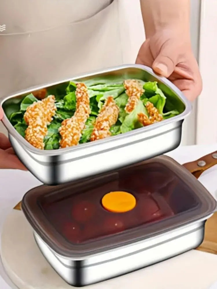 2/3PCS Black Valve Lid Stainless Steel Food Containers Reusable Stackable Leakproof Sealed Storage Boxes for Fruits Meat Vegetab
