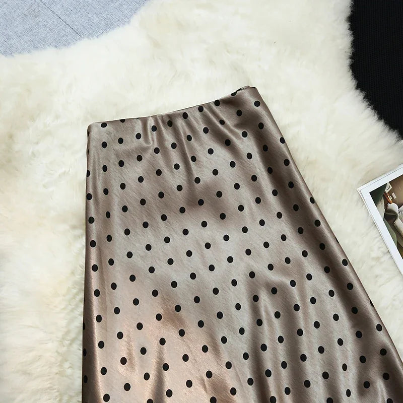 Seoulish Vintage Polka Dot Satin Mermaid Skirts for Women 2026 New Spring Summer High Waist Casual Mid Length Women's Skirts