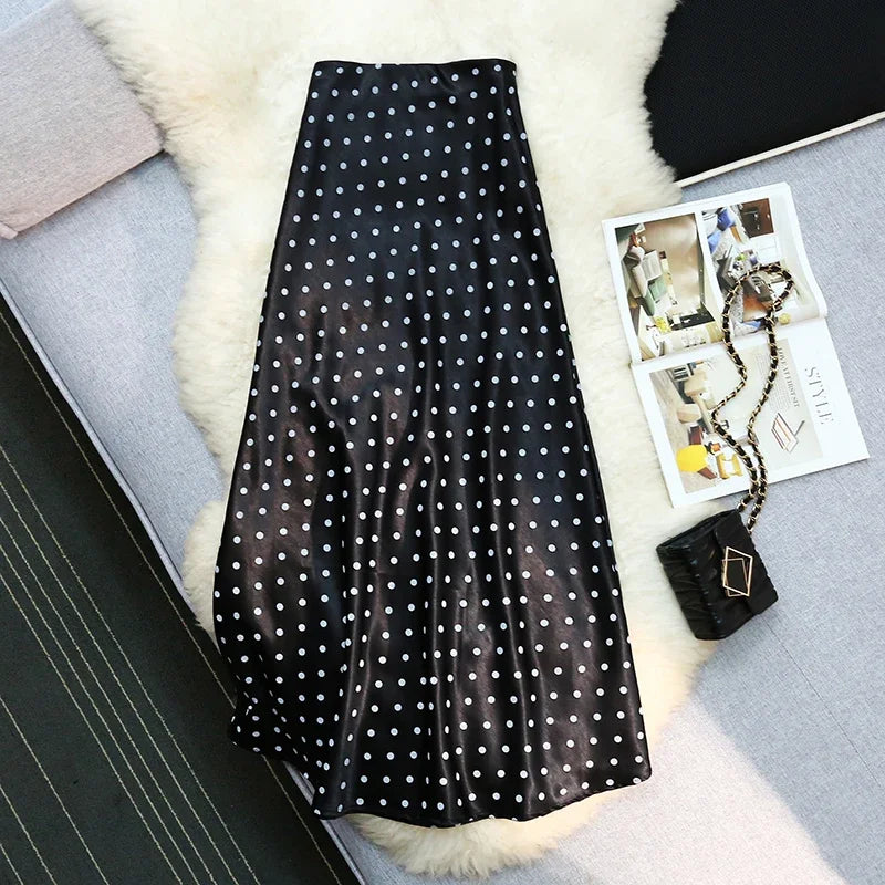 Seoulish Vintage Polka Dot Satin Mermaid Skirts for Women 2026 New Spring Summer High Waist Casual Mid Length Women's Skirts