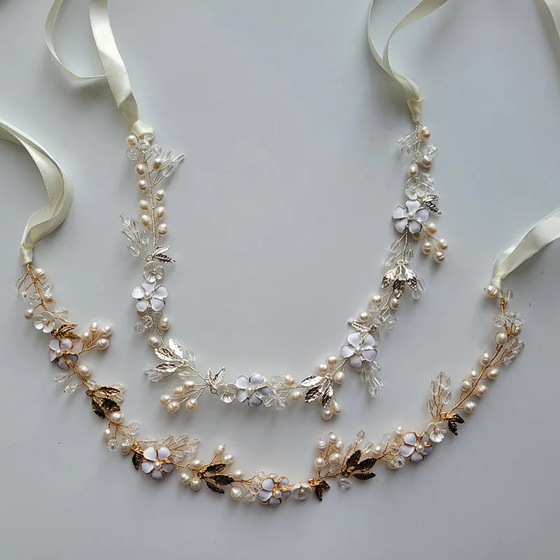 SLBRIDAL Handmade Crystals Freshwater Pearls Flower Leaf Bridal Headband Hair Vine Bridal Hair accessories Women Girls Jewelry