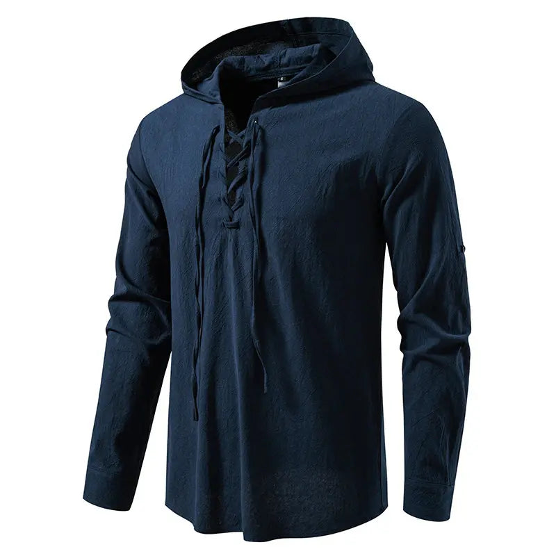 Men's Casual Streetwear Long Sleeve Hooded T-Shirt Solid Color Pullover Top Tee Shirt for Everyday Comfort Roll up Style