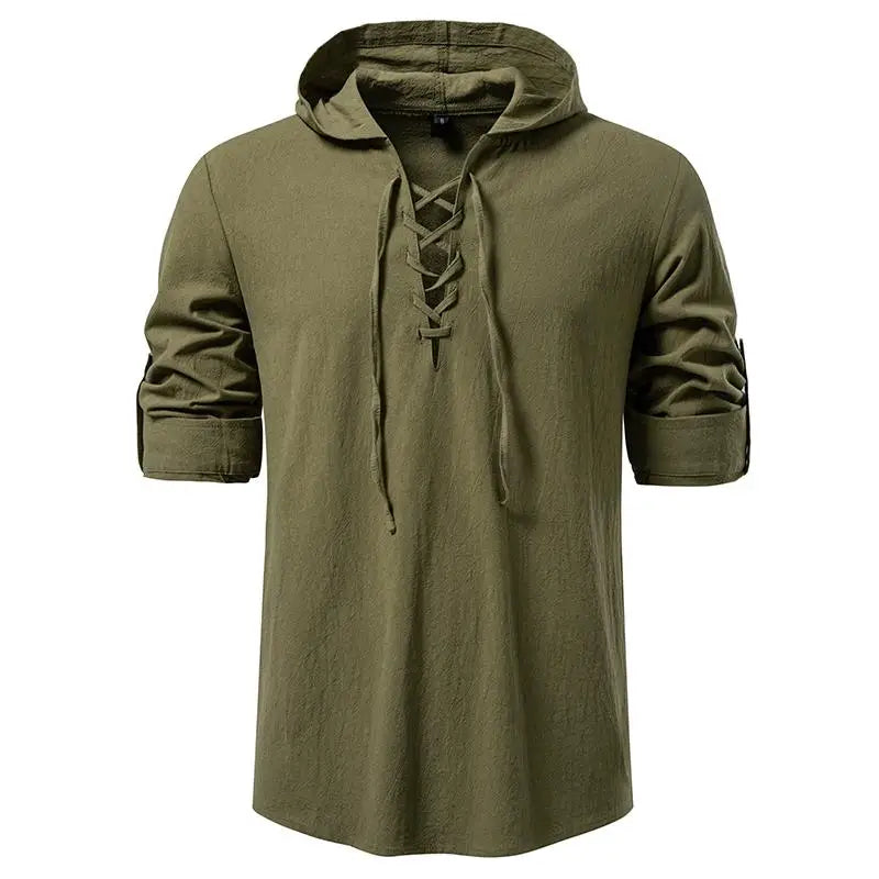 Men's Casual Streetwear Long Sleeve Hooded T-Shirt Solid Color Pullover Top Tee Shirt for Everyday Comfort Roll up Style