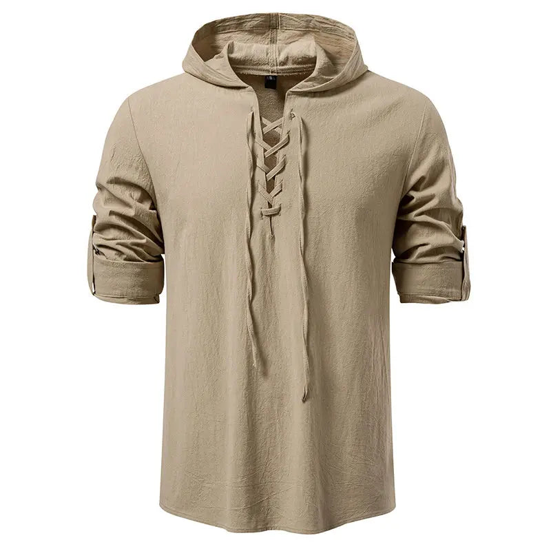 Men's Casual Streetwear Long Sleeve Hooded T-Shirt Solid Color Pullover Top Tee Shirt for Everyday Comfort Roll up Style
