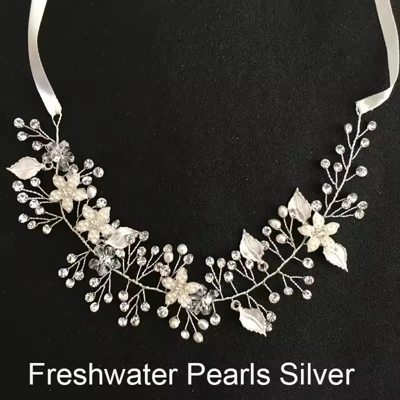 SLBRIDAL Handmade Crystals Freshwater Pearls Flower Leaf Bridal Headband Hair Vine Bridal Hair accessories Women Girls Jewelry