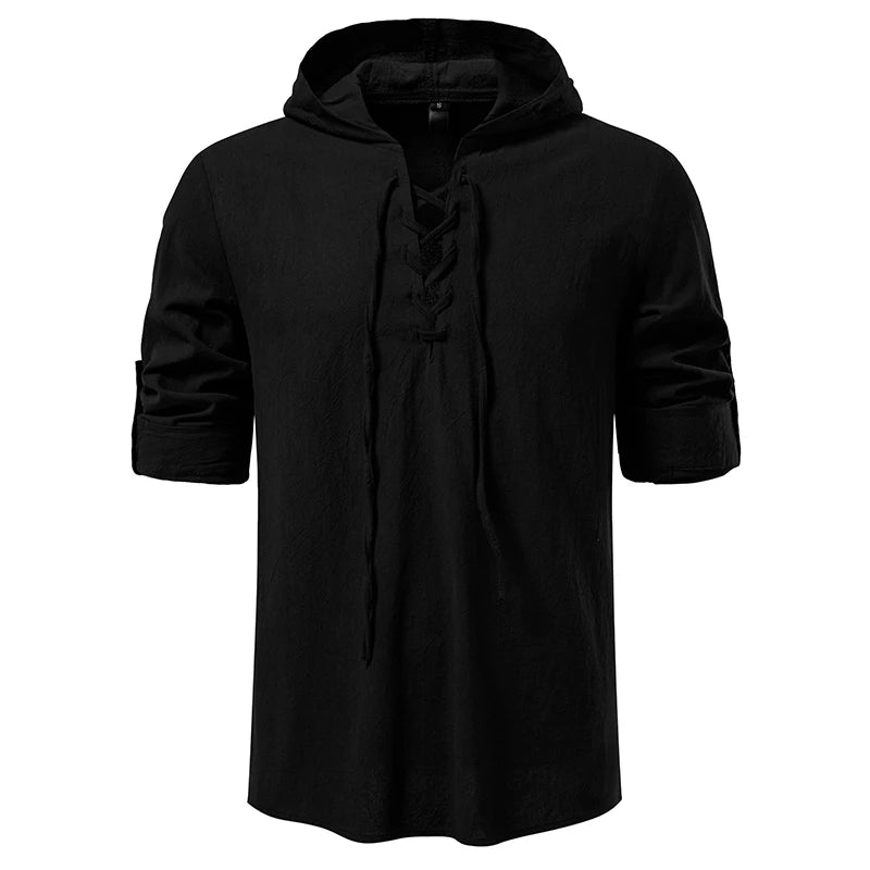 Men's Casual Streetwear Long Sleeve Hooded T-Shirt Solid Color Pullover Top Tee Shirt for Everyday Comfort Roll up Style