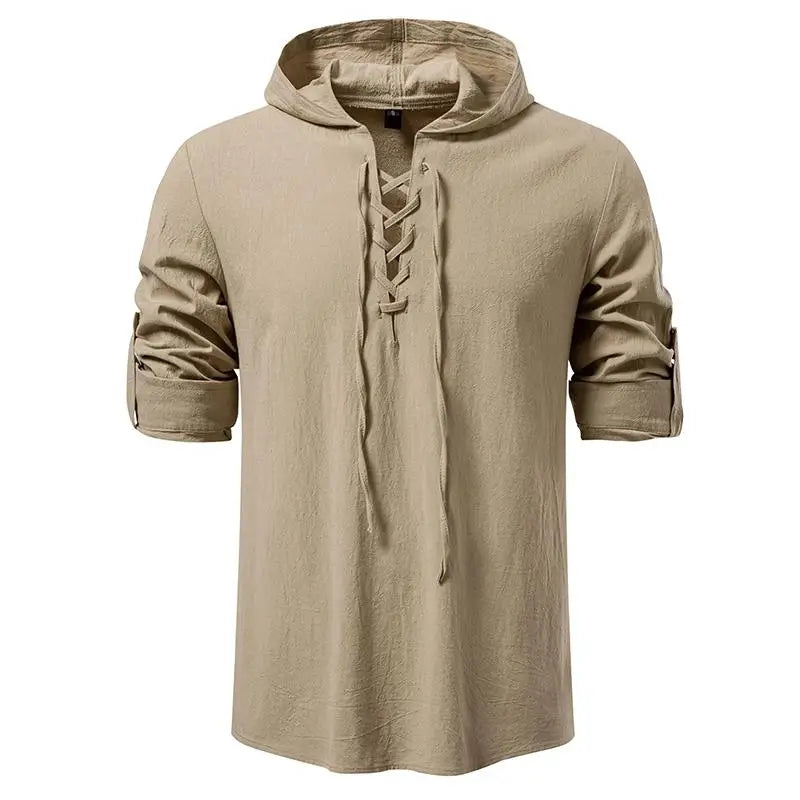 Men's Casual Streetwear Long Sleeve Hooded T-Shirt Solid Color Pullover Top Tee Shirt for Everyday Comfort Roll up Style