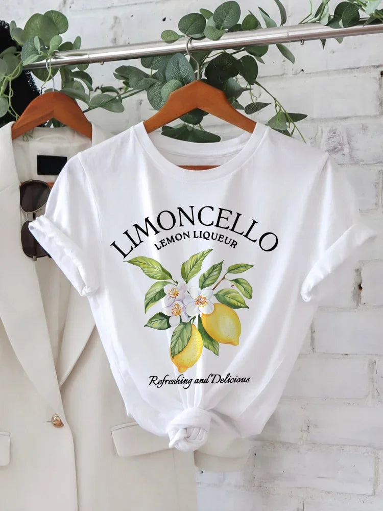 Lemon Letter Print T-shirt Short Sleeve Crew Neck Casual Top For Summer Women Kawaii Streetwear Graphic Tees Vintage Fruit Shirt