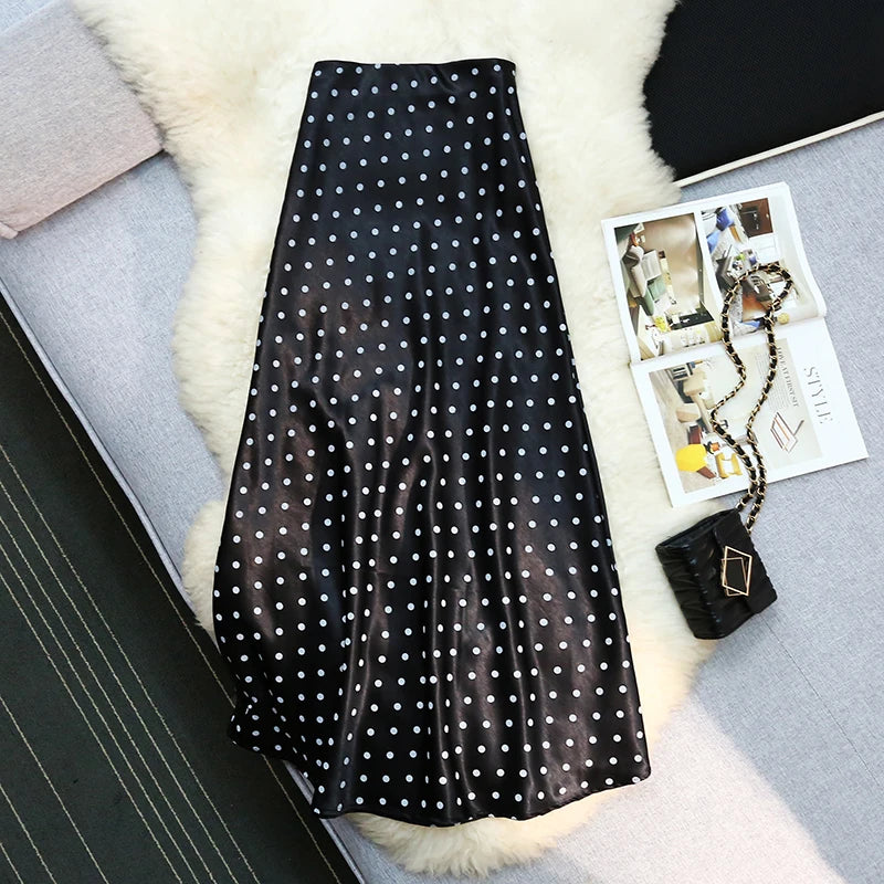 Seoulish Vintage Polka Dot Satin Mermaid Skirts for Women 2026 New Spring Summer High Waist Casual Mid Length Women's Skirts