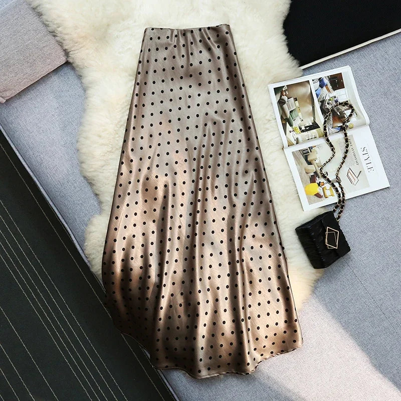 Seoulish Vintage Polka Dot Satin Mermaid Skirts for Women 2026 New Spring Summer High Waist Casual Mid Length Women's Skirts