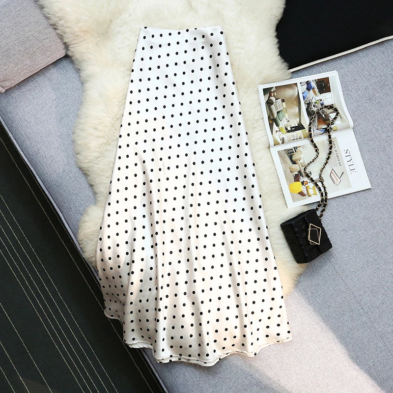 Seoulish Vintage Polka Dot Satin Mermaid Skirts for Women 2026 New Spring Summer High Waist Casual Mid Length Women's Skirts