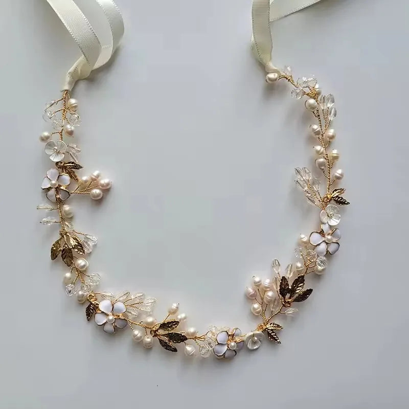 SLBRIDAL Handmade Crystals Freshwater Pearls Flower Leaf Bridal Headband Hair Vine Bridal Hair accessories Women Girls Jewelry