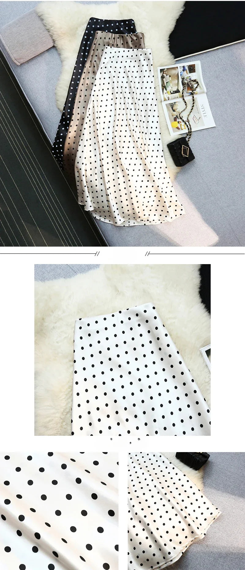 Seoulish Vintage Polka Dot Satin Mermaid Skirts for Women 2026 New Spring Summer High Waist Casual Mid Length Women's Skirts