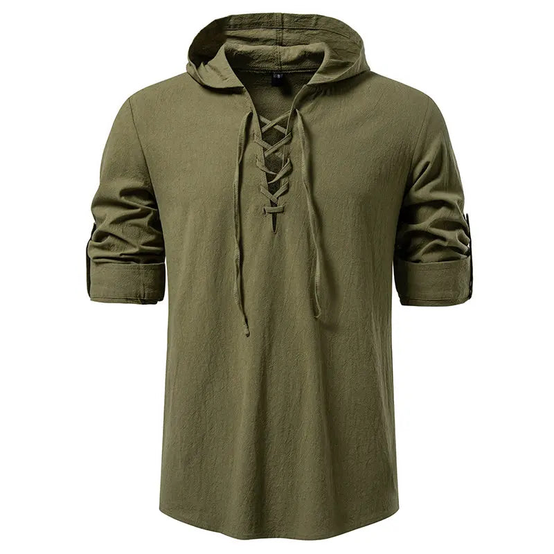 Men's Casual Streetwear Long Sleeve Hooded T-Shirt Solid Color Pullover Top Tee Shirt for Everyday Comfort Roll up Style