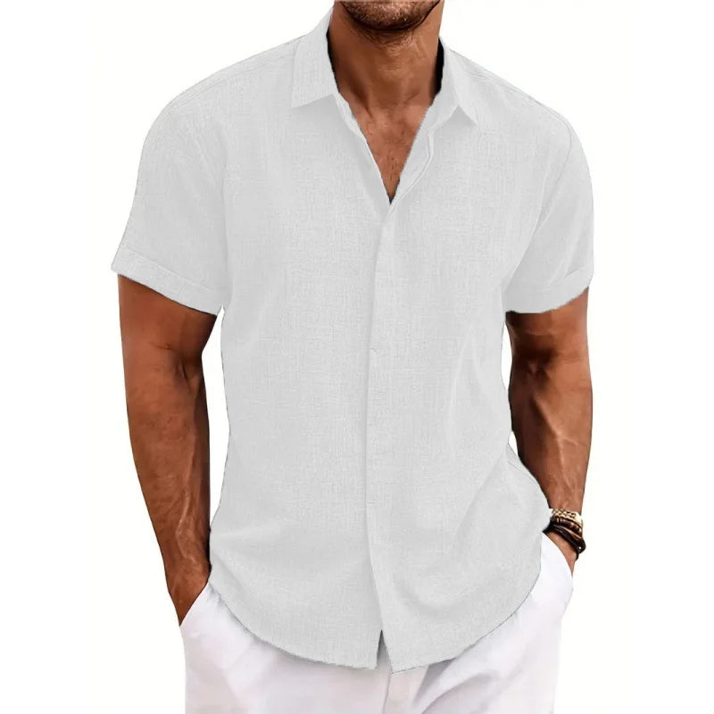 Mens Golf Shirts for Men Summer Beach Loose Shirt Button Down Short Sleeve Blouses Solid Print Casual Linen Shirts Streetwear