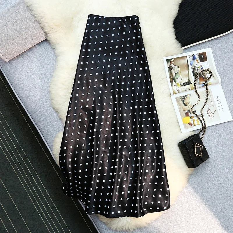 Seoulish Vintage Polka Dot Satin Mermaid Skirts for Women 2026 New Spring Summer High Waist Casual Mid Length Women's Skirts