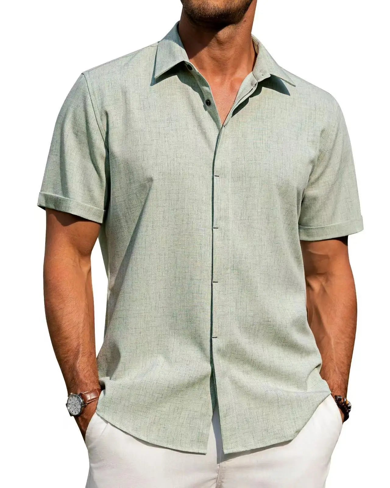 Mens Golf Shirts for Men Summer Beach Loose Shirt Button Down Short Sleeve Blouses Solid Print Casual Linen Shirts Streetwear