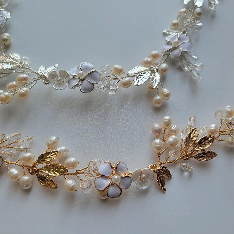 SLBRIDAL Handmade Crystals Freshwater Pearls Flower Leaf Bridal Headband Hair Vine Bridal Hair accessories Women Girls Jewelry