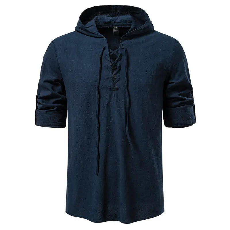 Men's Casual Streetwear Long Sleeve Hooded T-Shirt Solid Color Pullover Top Tee Shirt for Everyday Comfort Roll up Style