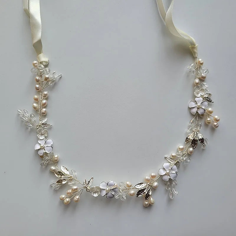 SLBRIDAL Handmade Crystals Freshwater Pearls Flower Leaf Bridal Headband Hair Vine Bridal Hair accessories Women Girls Jewelry