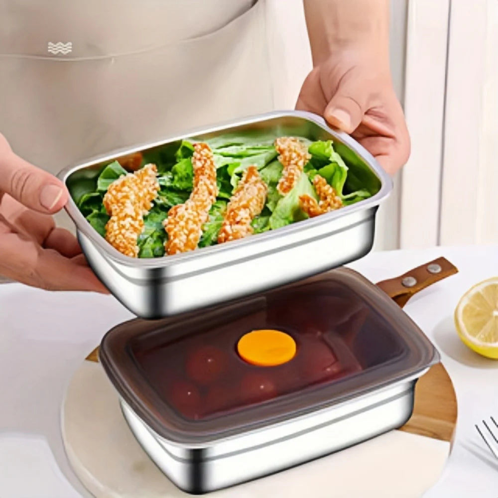 2/3PCS Black Valve Lid Stainless Steel Food Containers Reusable Stackable Leakproof Sealed Storage Boxes for Fruits Meat Vegetab